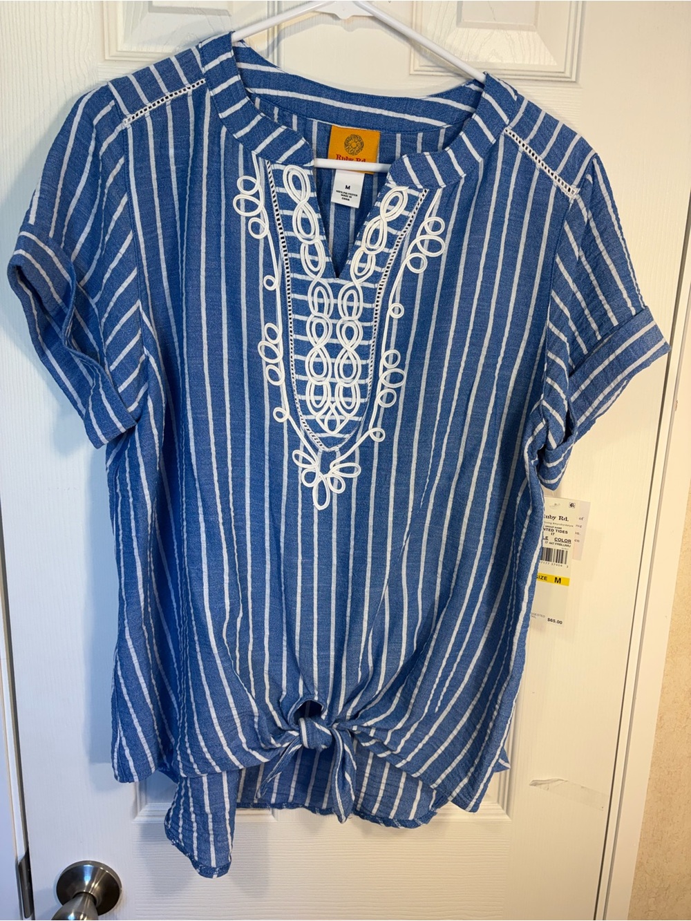 Ruby Rd. Blue and White Striped Tunic with Embroidered Front